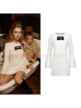 Dress | Alexis Ivory Bell Sleeve A-Line Shift Mini | Black Lace Up | Retro 60s M